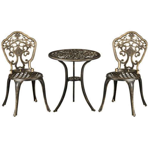 Outsunny 3 Piece Cast Aluminium Garden Bistro Set for 2 with Parasol Hole, Outdoor Coffee Table Set, Two Armless Chairs and Round Coffee Table for Balcony, Patio, Bronze