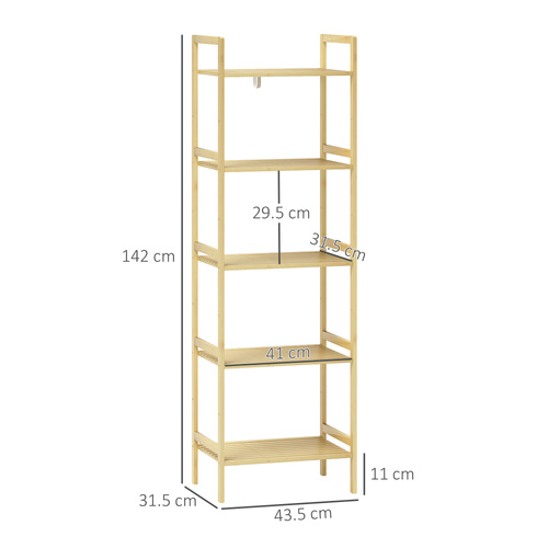 HOMCOM 5-Tier Bamboo Bathroom Storage Shelf, Freestanding Shelving Unit with Adjustable Rack for Kitchen Bathroom Living Room, Natural Wood Finish