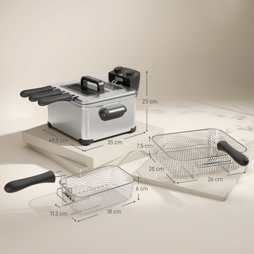 HOMCOM 5 Litre Deep Fat Fryer Stainless Steel with Adjustable Temperature, 60min Timer, Removable Oil Basket, Viewing Window and Safety Cut Out, 2000W