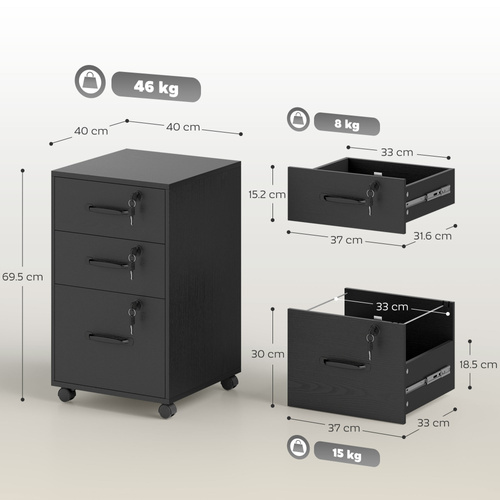 HOMCOM Three Drawer Wood-Effect Filing Cabinet - Black