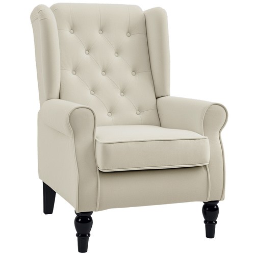 HOMCOM Wingback Accent Chair, Retro Upholstered Button Tufted Occasional Chair for Living Room and Bedroom, Cream White