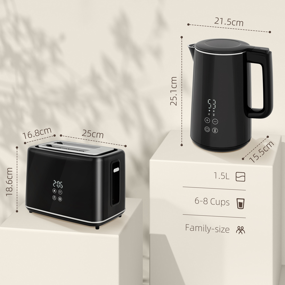 HOMCOM Polished Stainless Steel Kettle and Toaster Set - Black