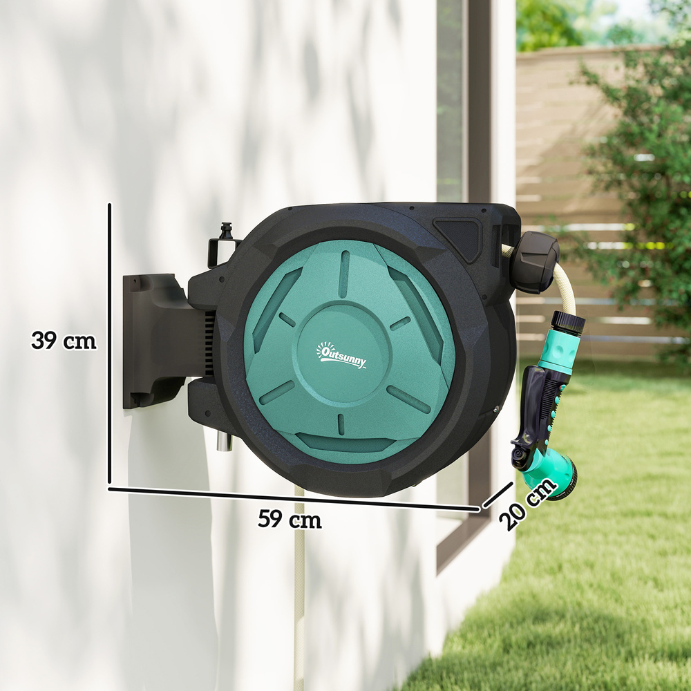 Outsunny Retractable Hose Reel Wall Mounted, 20+2m Garden Hose Pipe Reel with Lock, Auto Rewind, 7 in 1 Spray Nozzle, Includes Wall Fixings, 180° Swivel, Outdoor Watering, 54 x 20 x 39 cm, Black