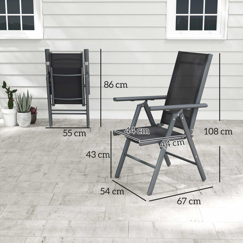 Outsunny Set of 2 Folding Garden Chairs, Aluminium Frame Outdoor Dining Chairs with Breathable Mesh Back and Seat, Garden Folding Chair Set with Armrests for Balcony, Dark Grey
