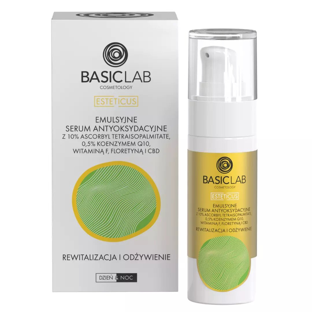 BasicLab Cosmetology Antioxidant Emulsion Serum with 10% Ascorbyl Tetraisopalmitate Revitalization and Nourishment for Dry Combination and Problematic Skin Day and Night 30ml