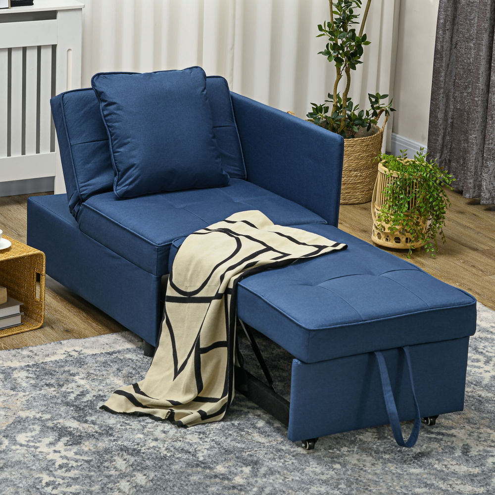 HOMCOM 3-In-1 Single Sofa Bed with Thick Padded Seat & 5-position Adjustable Back for Living Room, Bedroom, Blue