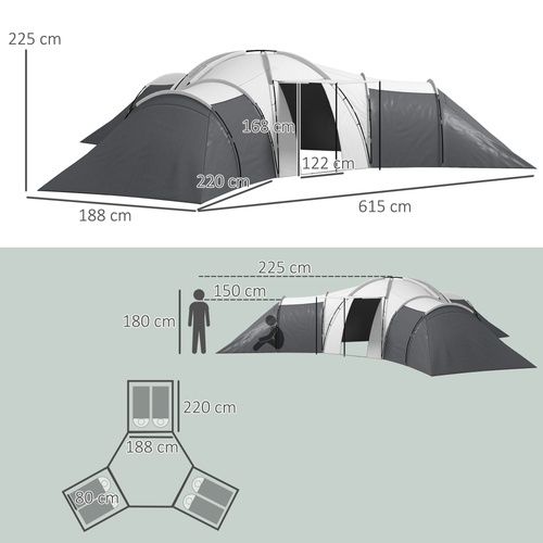 Outsunny 6-9 Man Tent with Bedrooms and Living Room, Accessories Included, Dark Grey