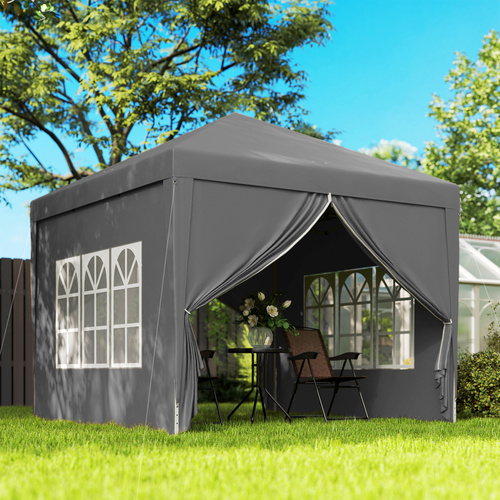 Outsunny 3 x 3 m Garden Pop Up Gazebo, Wedding Party Tent Marquee, Water Resistant Awning Canopy with Sidewalls, Windows, Carry Bag, Grey