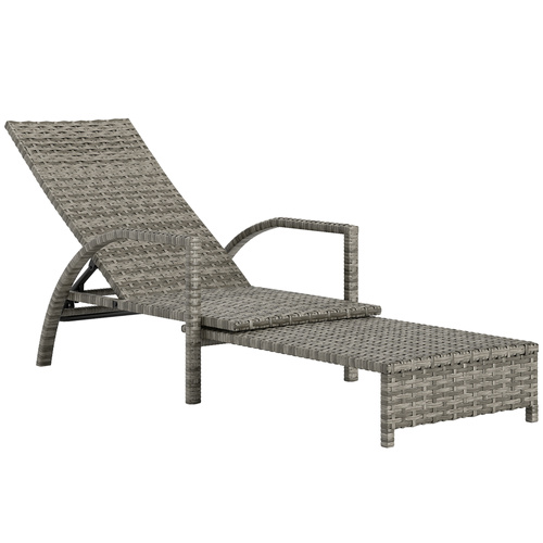 Outsunny Reclining Rattan Lounger, with Extending Footrest - Grey