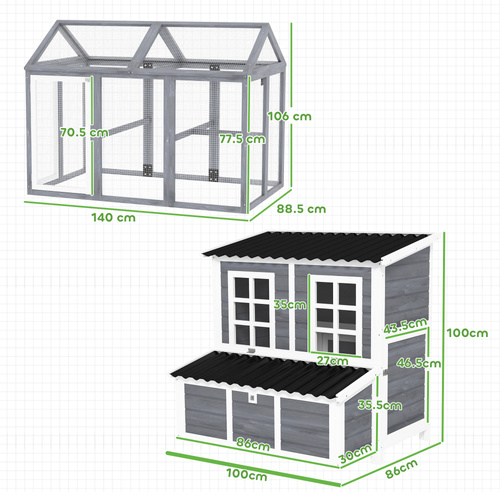 PawHut 2-Piece Wooden Chicken Coop and Run Set, Poultry Run Cage with Nesting Box, Slide-Out Tray, Roof, Perch