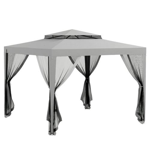 Outsunny 3 x 3 m Gazebo, Netting Party Tent, Patio Canopy Outdoor Event Shelter with Double Tier Roof, Light Grey