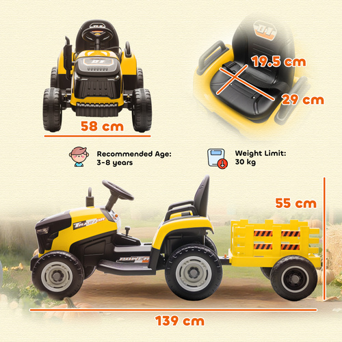 AIYAPLAY 12V Ride on Tractor and Trailer with Remote Control, Music, Shifter, Start-Up Sound, for Kids Ages 3-8 Years, Yellow