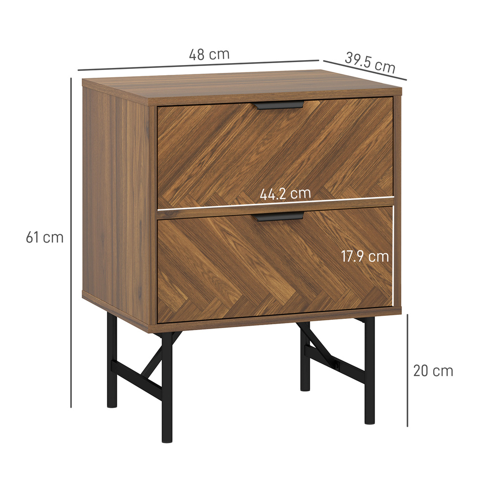 HOMCOM Bedside Table Set of 2 with 2 Drawers, Modern Side Tables with Herringbone Pattern and Metal Legs for Bedroom, Living Room, Walnut Brown