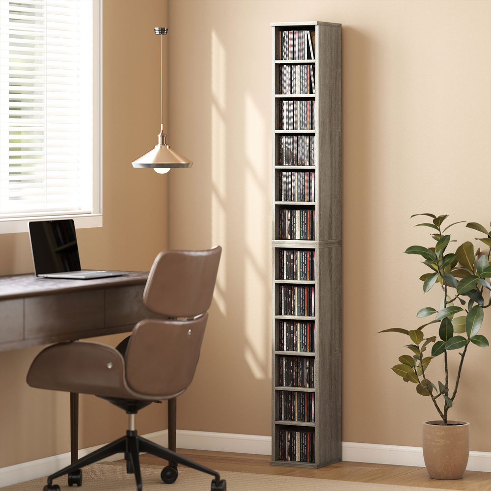 HOMCOM Set of 2 CD Media Display Shelf Unit Tower Rack with Adjustable Shelves, Mocha Wood Effect