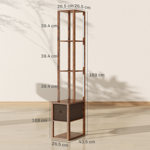 HOMCOM Floor Lamp with Shelves, LED Column Modern Standing Lamp with Fabric Drawer, Adjustable Brightness, Foot Switch for Living Room, Bedroom, Office, Rustic Brown