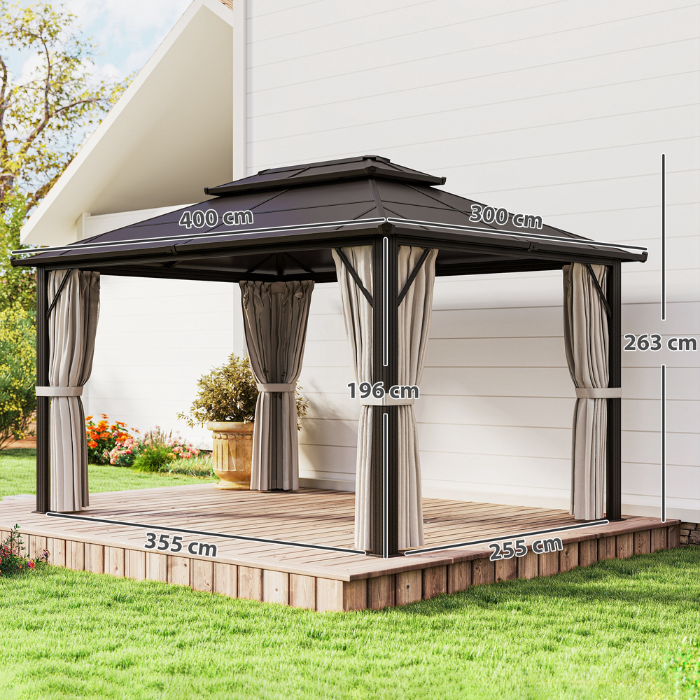 Outsunny 3 x 4m Hardtop Gazebo Canopy with UPF30+ Double Polycarbonate Roof, Aluminium Frame Garden Gazebo Permanent Pavilion with Mosquito Netting and Curtains for Patio, Deck, Beige