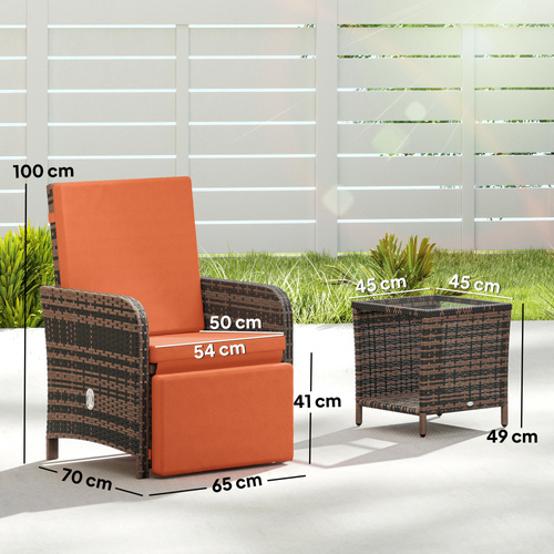 Outsunny 3 Pieces Rattan Bistro Set Balcony Furniture with Cushions, Storage Function - Orange
