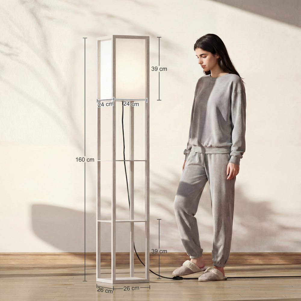 HOMCOM 3-Tier Floor Lamp, Floor Light with Storage Shelf, Reading Standing Lamp with Acrylic Shade for Living Room, Bedroom, Kitchen, Dining Room, Office, Dorm, 160cm, Oak