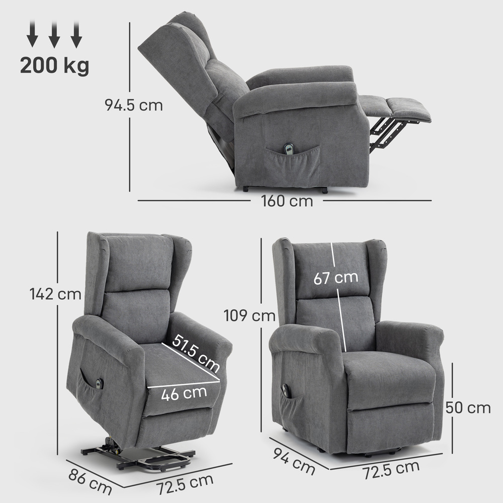 HOMCOM Power Lift Recliner Armchair, Electric Lift Chair for Elderly, Fabric Riser and Reclining Chair with Remote Control, Side Pockets, Extended Footrest, for Living Room, Charcoal Grey