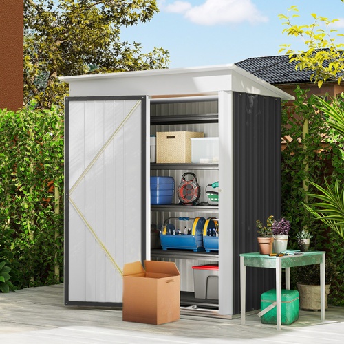 Outsunny Metal Garden Shed, Outdoor Lean-to Shed for Tool Motor Bike, with Adjustable Shelf, Lock, Gloves, 5'x3'x6',  Dark Grey