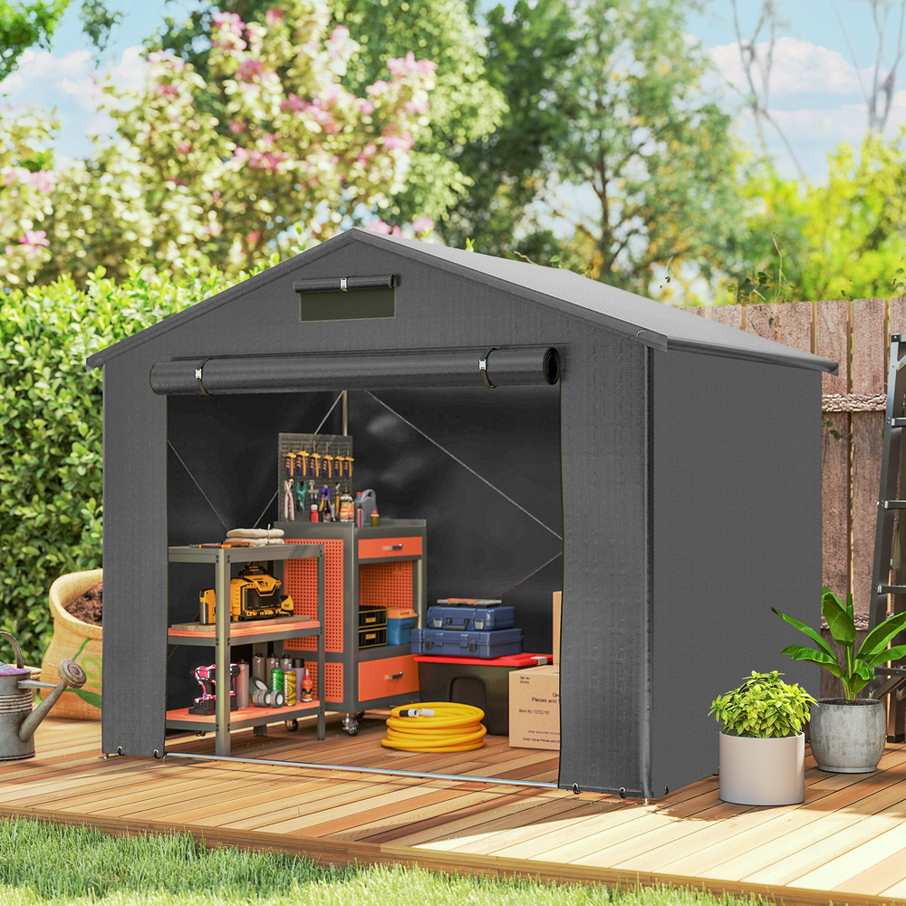 Outsunny 8 x 6 ft Outdoor Garden Storage Shed, Waterproof Bike Tent with Roll-Up Zipper Door
