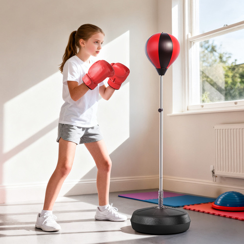 HOMCOM Punching Bag with Stand, 126-144 cm Height Adjustable Boxing Set Free Standing Speed Bag with Gloves and Air Pump for Teenagers Home Gym Workout