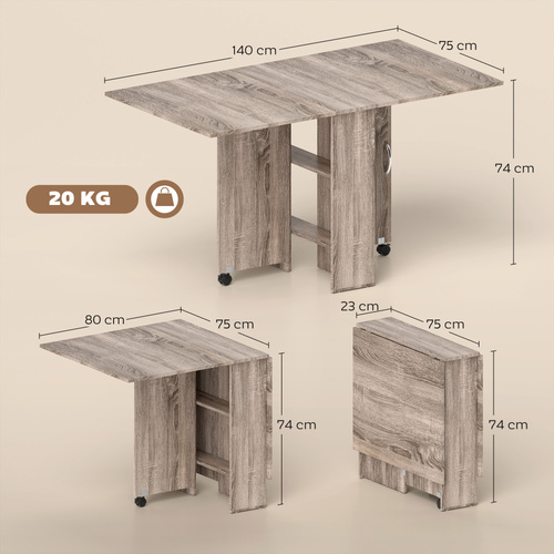 HOMCOM 80-140 cm Folding Dining Table for 4-6 People, Drop Leaf Table with 2-Tier Shelves, Rolling Casters, for Small Spaces, Kitchen, Flat, Dining Room, Grey