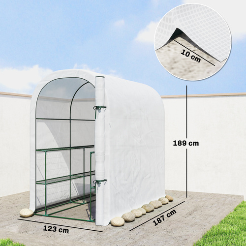 Outsunny Walk-in Greenhouse with Shelves, Small Greenhouse with PE Cover and Roll-up Door, 123 x 187 x 189 cm, White