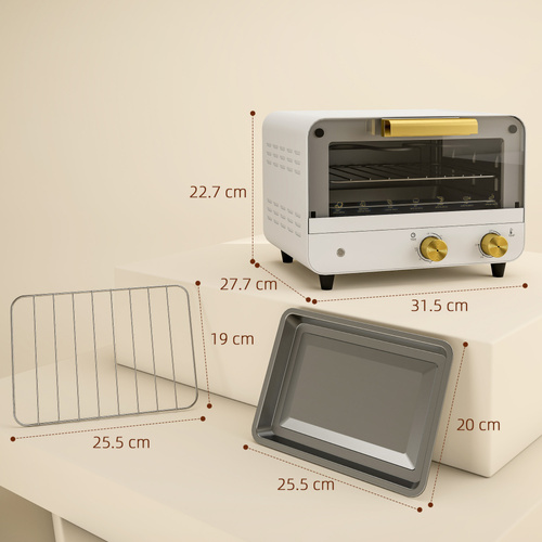 HOMCOM Small Toaster Oven, 12L Multifunction Mini Countertop Oven with Glass Door, Adjustable Temperature and Timer, White