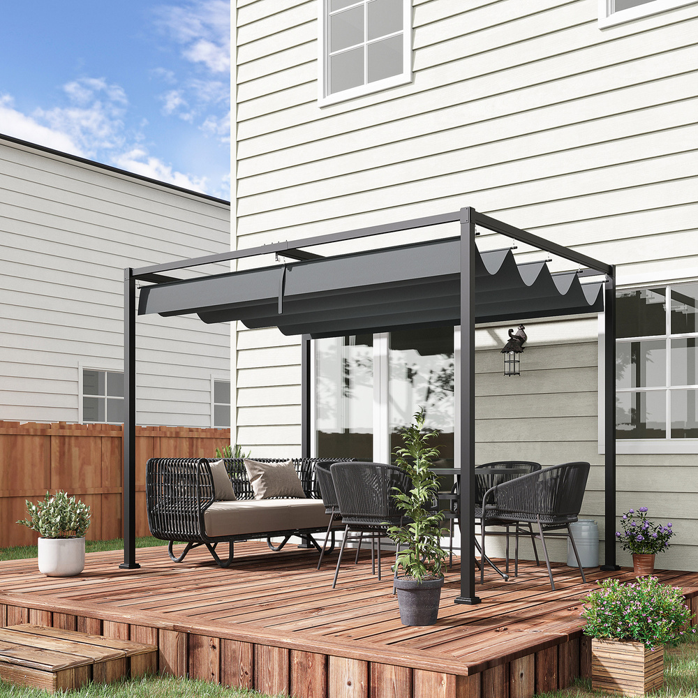 Outsunny 3 x 2m Metal Outdoor Pergola with Retractable Roof, Outdoor Gazebo Canopy Shelter with Drainage Holes for Garden, Patio, Lawn, Grey