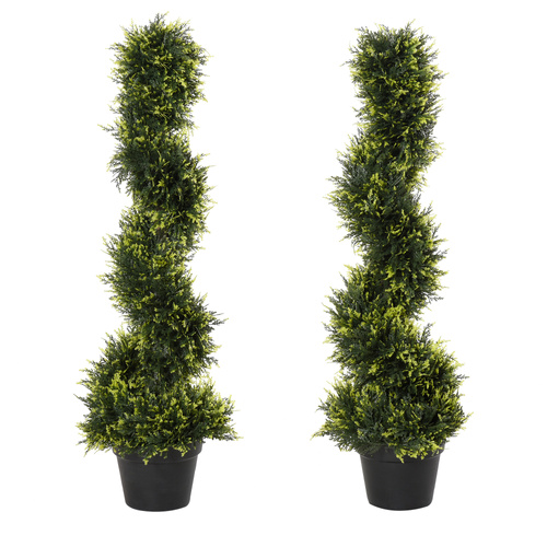 Outsunny 90cm/3FT Artificial Trees, Spiral Topiary Trees w/ Pot Set Of 2, Fake Indoor Greenery Plant Home Office Garden Decor Green