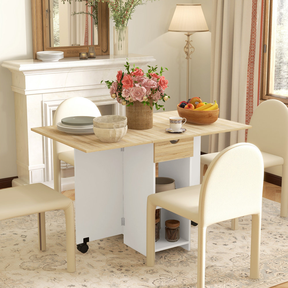 HOMCOM Folding Dining Table, Drop Leaf Table for Small Spaces, Foldable Table with Drawer and Storage Shelves for Kitchen, Dining Room, Oak