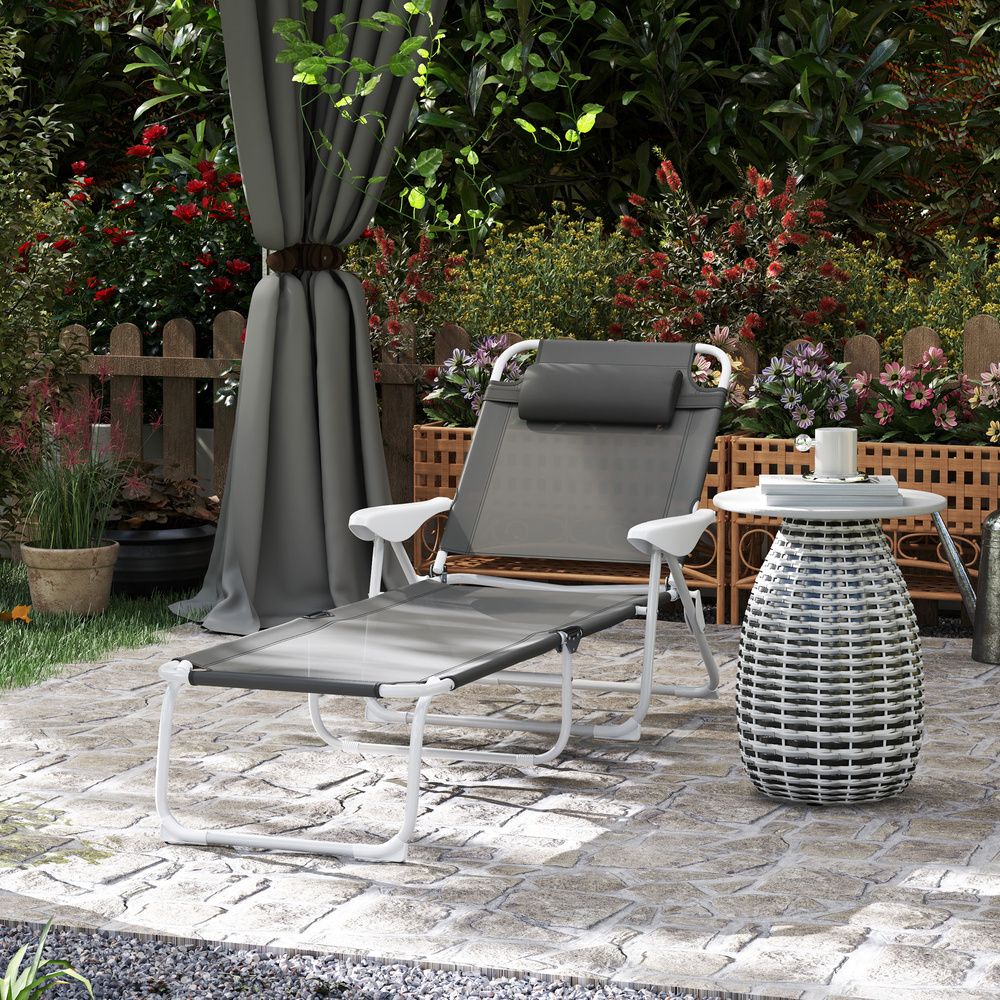 Outsunny Foldable Lounge Chair with 4-Level Adjustable Backrest & Headrest - Charcoal Grey