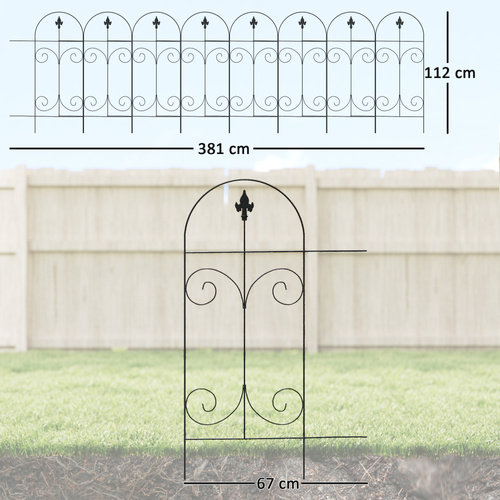 Outsunny Decorative Garden Fencing, 8PCs 44in x 12.5ft Outdoor Picket Fence Panels, Rustproof Metal Wire Landscape Flower Bed Border Edging, Black