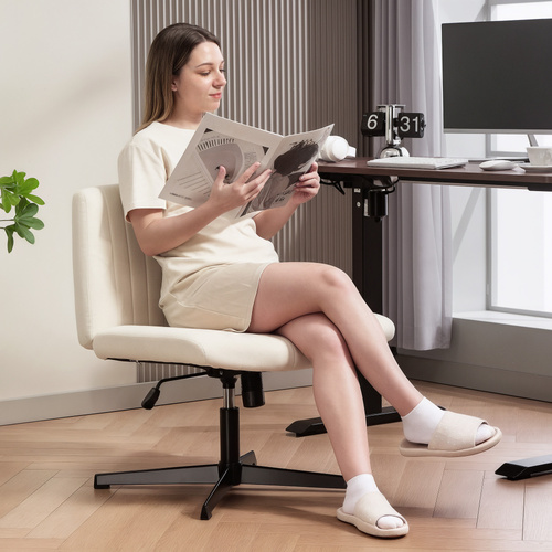 HOMCOM Armless Office Chair No Wheels, Linen Fabric Criss Cross Legged Desk Chair with Wide Seat, Thick Padding, Tilt Function, Height Adjustable Swivel Computer Seat for Home, Cream