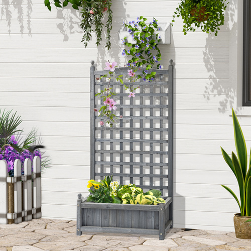 Outsunny Garden Planters with Trellis for Climbing Vines, Wood Raised Beds for Garden, Flower Pot, Indoor Outdoor, Grey