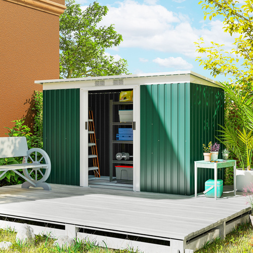 Outsunny 9ft x 4ft Metal Garden Shed, Outdoor Tool House with Foundation Kit, Ventilations and Double Doors, Deep Green