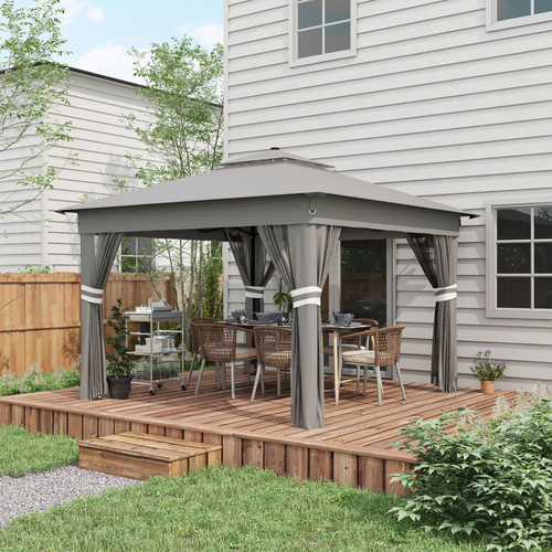 Outsunny 3.36 x 3.36m Pop Up Gazebo Party Tent with Solar-Powered LED Lights, Adjustable Event Shelter with Netting, Grey
