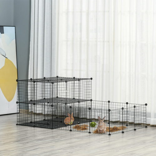 PawHut Pet Playpen with Door, Guinea Pigs Metal Mesh Cage for Small Animal, Chinchilla, 175 x 105 x 70 CM, Black