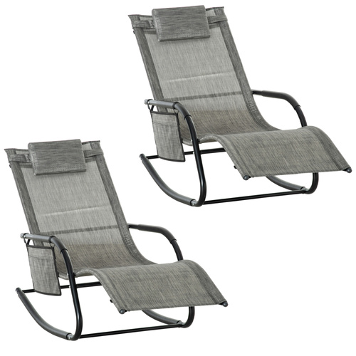 Outsunny 2PCs Outdoor Garden Rocking Chair, Patio Sun Lounger Rocker Chair with Breathable Mesh Fabric, Removable Headrest Pillow, Armrest, Side Storage Bag, Dark Grey