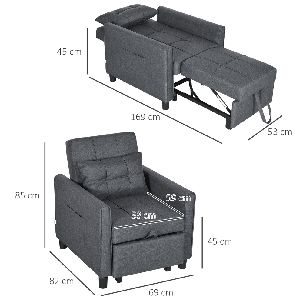HOMCOM 3-In-1 Linen-Look Single Chair Bed with Adjustable Back & Eucalyptus Wood Sofa Frame - Grey