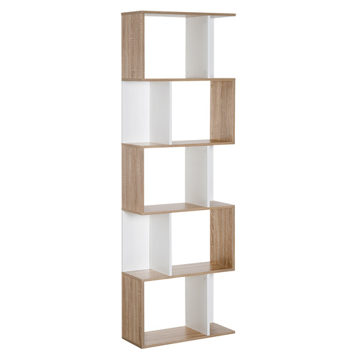 HOMCOM Bookcase, S-Shaped Wooden Bookshelf, 5/6 Tiers Freestanding Storage Shelf, Home Office Decorative Display Stand Rack, Oak and White, 24D x 60W x 184.5H