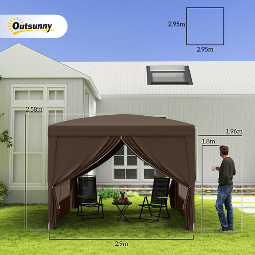 Outsunny 3 x 3 m Pop Up Gazebo, Wedding Party Canopy Tent Marquee with Carry Bag and Windows, Coffee