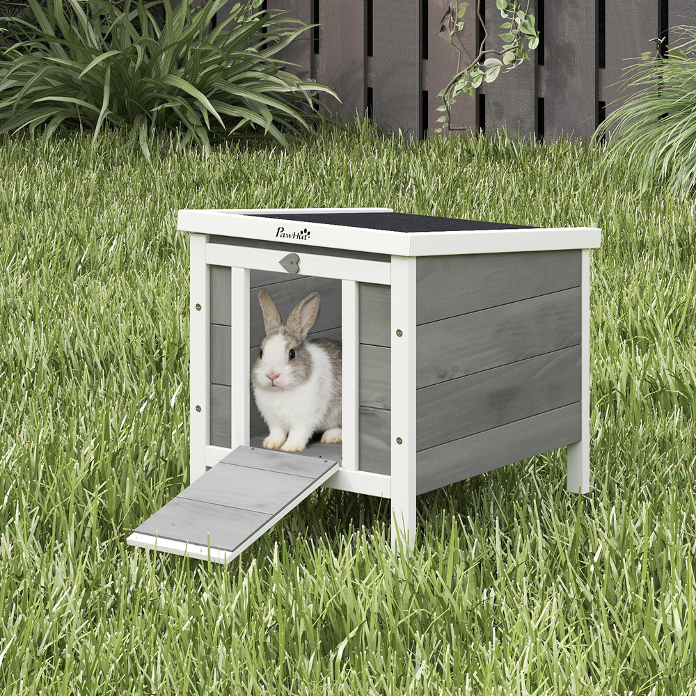 PawHut Wooden Rabbit Hutch Outdoor, Guinea Pig Hutch, Rabbit Hideaway, Cat House, Bunny Cage Small Animal House with Openable Roof, 51 x 42 x 43 cm, Grey