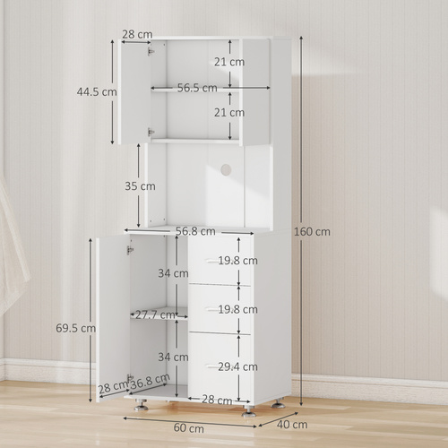HOMCOM Modern Kitchen Cupboard with Storage Cabinets, 3 Drawers and Open Countertop for Living Room, White