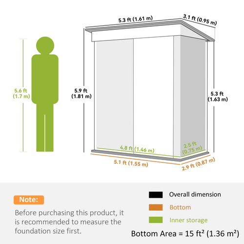 Outsunny Metal Garden Shed, Outdoor Lean-to Shed for Tool Motor Bike, with Adjustable Shelf, Lock, Gloves, 5'x3'x6', Green