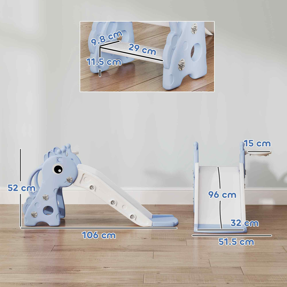 AIYAPLAY 3 in 1 Kids Slide with Climber, Basketball Hoop and Ball, Giraffe Shape Climber Slide for Indoor Kids Age 1-3, Blue