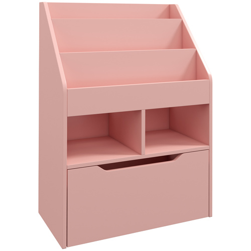 HOMCOM Kids Bookshelf, Toy Organiser, with Storage Drawer, Wheels - Pink