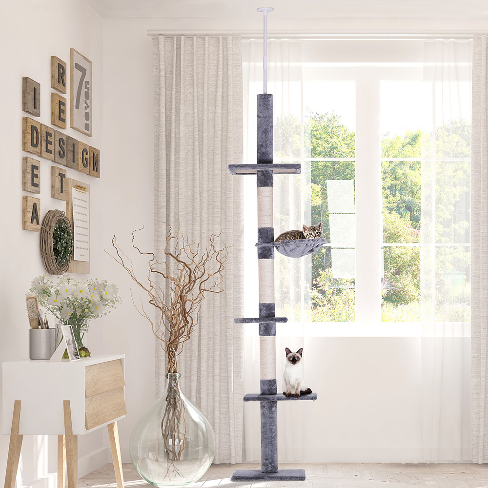 PawHut Floor to Ceiling Cat Tree 230-260cm Height Adjustable, 5-Tier Cat Tower with Scratching Posts, Hammock, Perches, Climbing Activity Centre for Indoor Kittens Playing and Relaxing, Grey