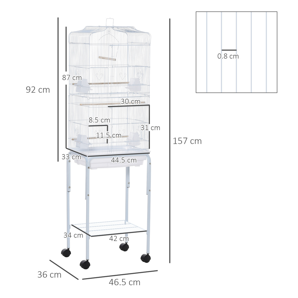 PawHut Bird Cage Budgie Cages for Finch Canary Parakeet with Stand Wheels Slide-out Tray Accessories Storage Shelf, White 46.5 x 36 x 157 cm